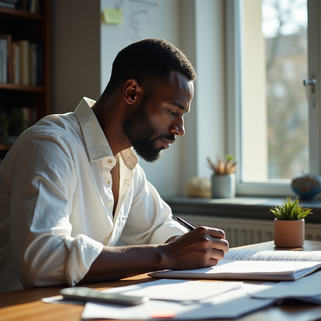 Fokussierter Arbeitsplatz in Berlin mit Notizbüchern und ruhiger Atmosphäre