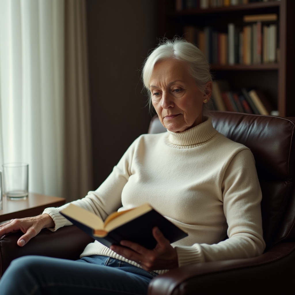 Person liest konzentriert ein Buch über Finanzpsychologie am Fenster