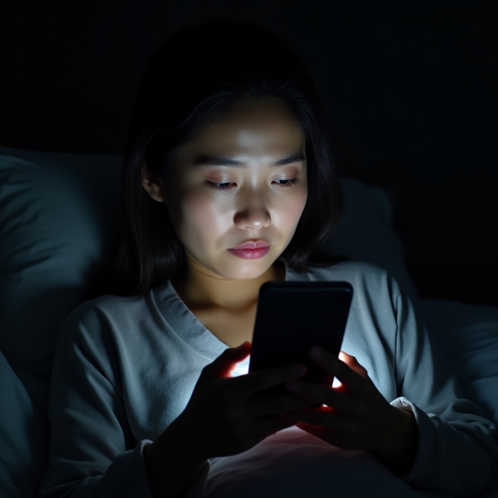 Person scrollt spät nachts auf dem Smartphone durch Online-Shops