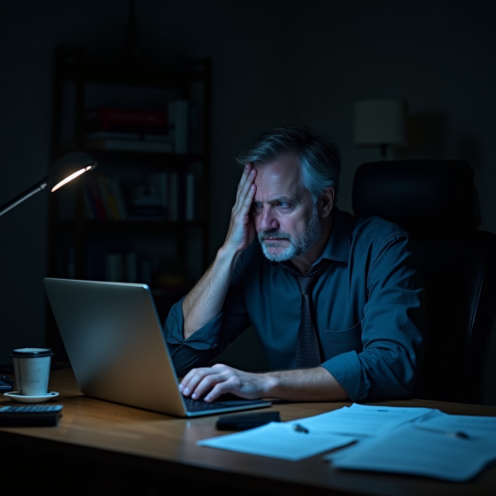 Verschwommene Szene einer gestressten Person vor einem Schreibtisch
