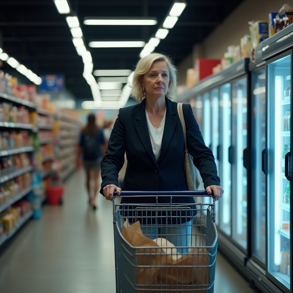 Müde Person beim Einkaufen im Supermarkt am Abend